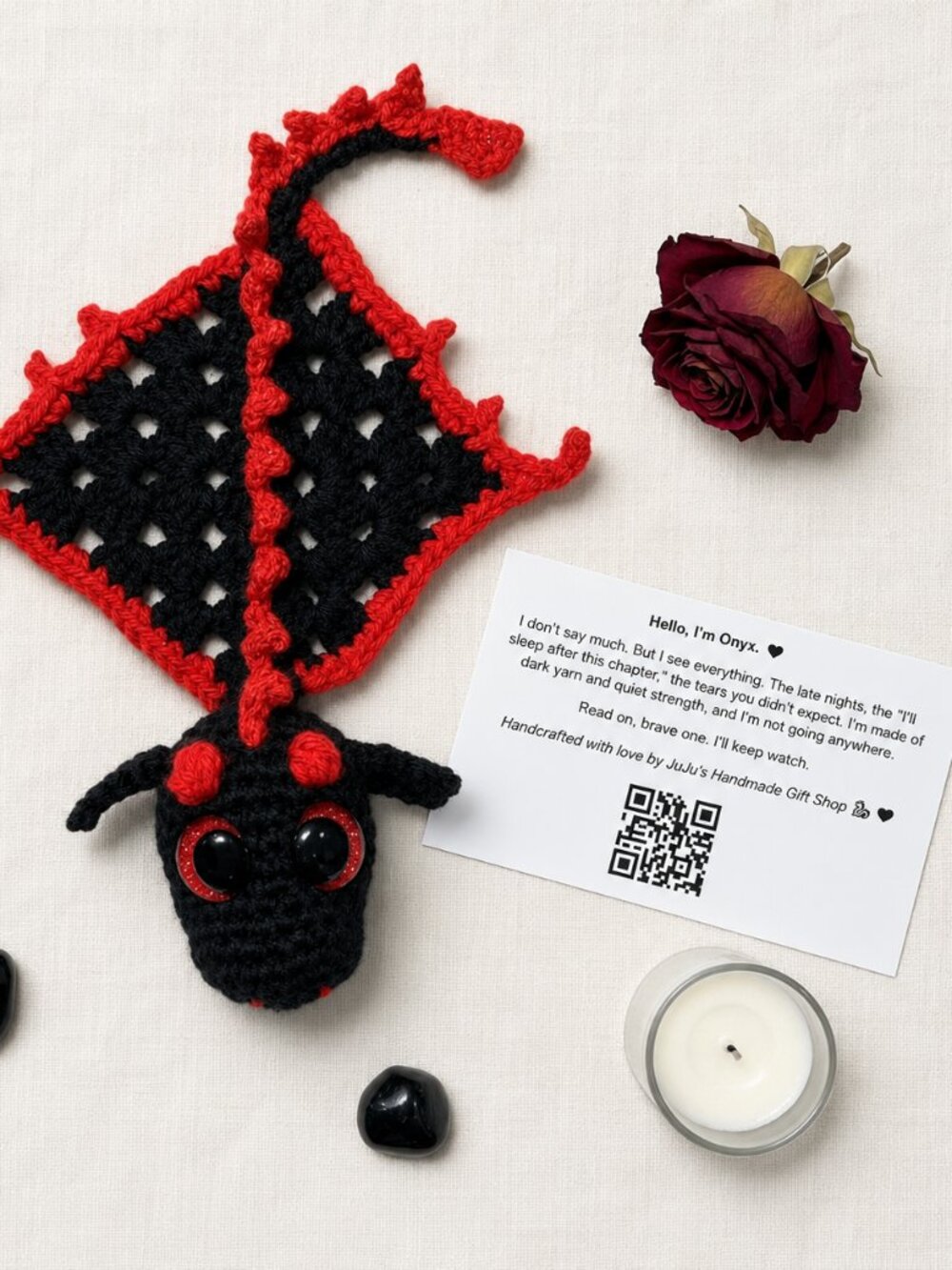 Onyx the Emotional Support Dragon | Black & Red Stuffed Dragon | Bookshelf Decor